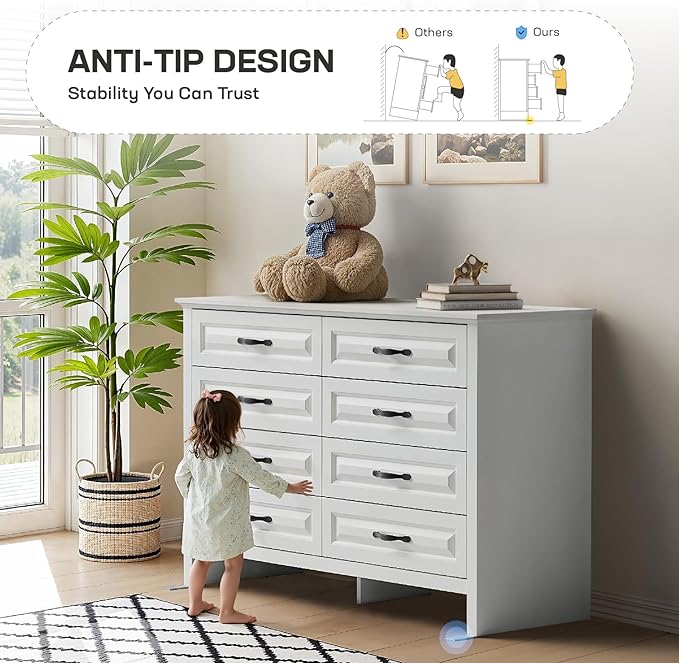 Amada Farmhouse 8 Drawer Dresser for Bedroom, 47.2 Inch Wide Wood Dresser with Natural Texture, Large Drawers, Rustic Farmhouse Chest of Drawers for Bedroom, Living Room, Hallway, White
