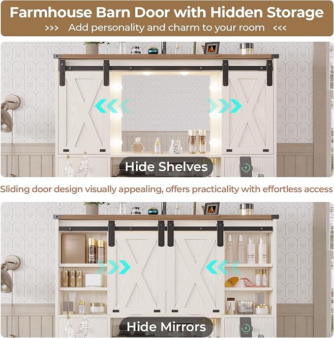 DICTAC Farmhouse Makeup Vanity Desk with Lighted Mirror & Power Strips, Vanity Table with Sliding Barn Door Hidden Shelves & 5 Drawers & 2 Cabinets, White Dressing Table for Bedroom, Lights Adjustable