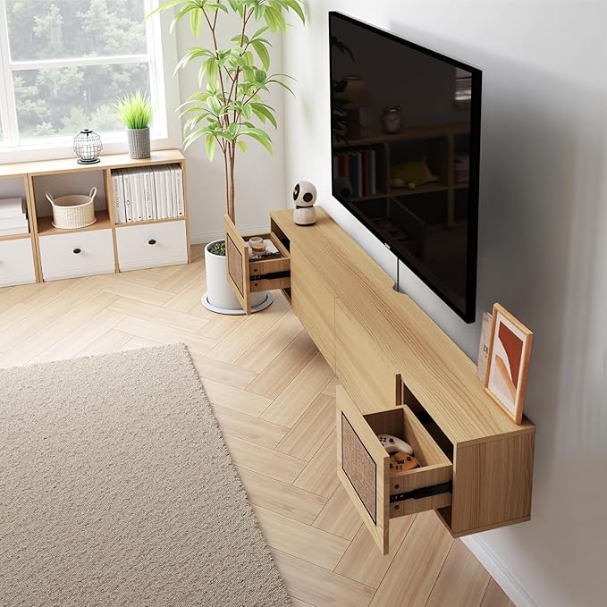 Pmnianhua Boho Floating TV Stand 55", Modern Wall Mounted Media Console with Cotton-Rayon Doors for Under TV Shelf,Entertainment Center,Living Room,Bedroom(Natural)