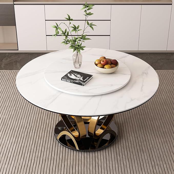 53" Round Modern Marble Dining Table with Lazy Susan, Sintered Stone Top for Kitchen, Dining Room, Dinette, Space Saving Design