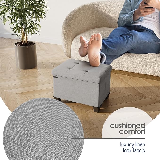STORAGEBUD Storage Ottoman Cube with Small Bin, 16-in Square Ottoman with Storage for Living Room and Bedroom, Small Ottomans Foot Rest, Fabric Foot Stools Ottomans Max 330lbs, Light Grey