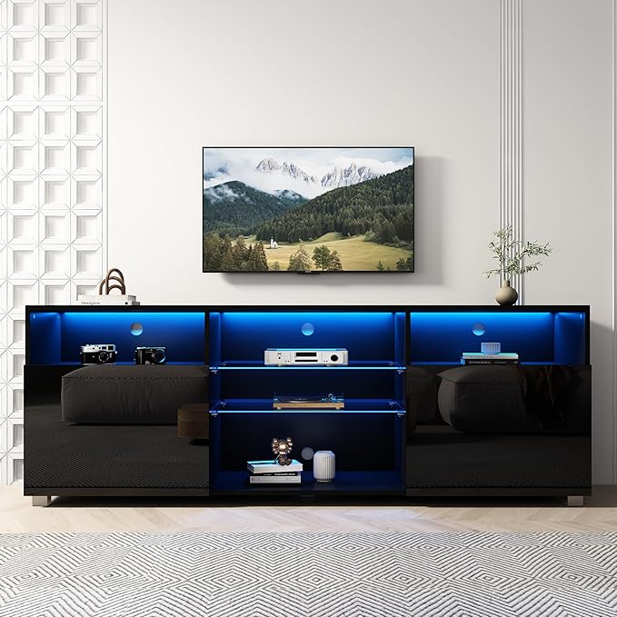 SUSSURRO LED TV Stand for 60/65 inch TV, Television Table Center Media Console with Drawer and Led Lights, High Glossy Modern Entertainment Center for Living Game Room Bedroom, Black