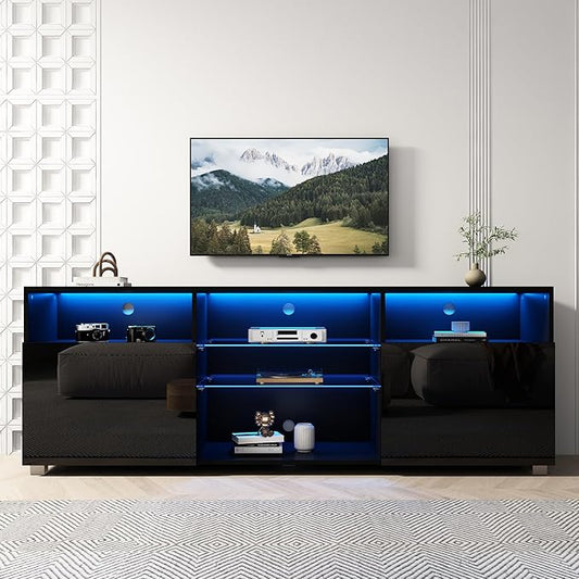 SUSSURRO LED TV Stand for 60/65 inch TV, Television Table Center Media Console with Drawer and Led Lights, High Glossy Modern Entertainment Center for Living Game Room Bedroom, Black