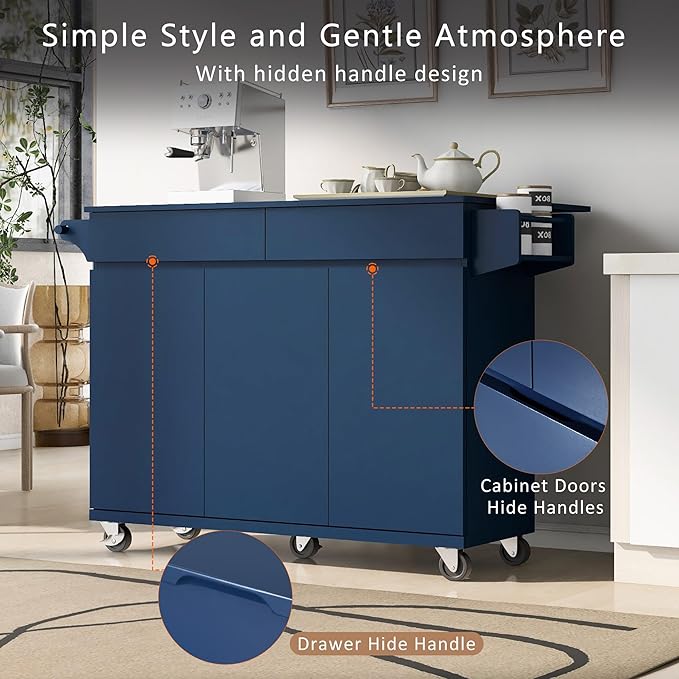 53.2'' Kitchen Island with Drop Leaf, Kitchen Storage Cart with Spice Rack, Towel Rack and 2 Drawers, Rolling Kitchen Island on Wheels with Adjustable Shelves for Kitchen, Dining Room, Navy Blue