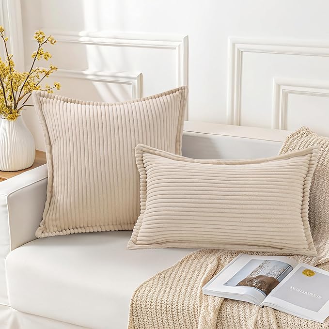 Mecatny Corduroy Throw Pillow Covers 12x20 Set of 2, Neutral Decorative Soft Boho Lumbar Couch Pillow Covers with Broadside for Sofa Living Room, Beige