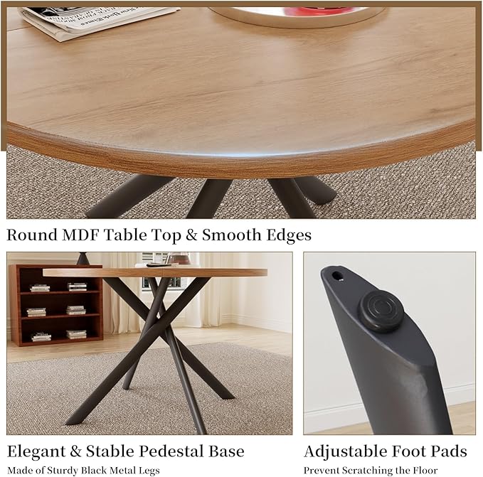 45.3 Inch Round Dining Table Set for 4, Mid Century Modern Small Kitchen Coffee Set for Dining Room Kitchen Apartment (Oak Table + 4 White Chairs)