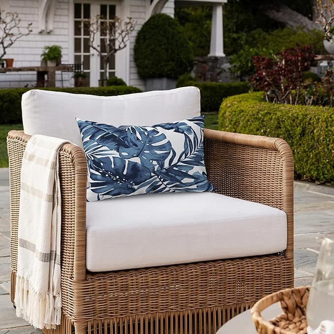 Pack of 2 Outdoor Lumbar Pillow Covers, All Weather Cushion Pillow Cases 12x20 Inch, Pillowcase for Patio Couch Decoration, Palm Blue