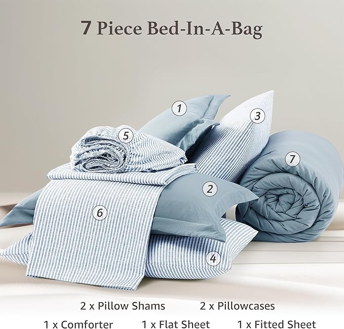 Monbix Queen Comforter Set - 7 Pieces Dusty Blue Prewashed Bed in a Bag Queen Bedding Sets with Comforters, All Seasons Down Alternative Comforter Bed Set with Sheets,Pillowcases & Shams
