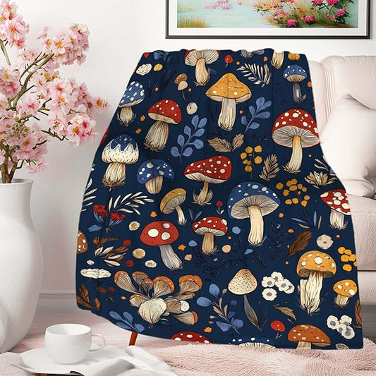 Mushroom Blanket Throw, Gifts for Women and Men, Lightweight Fleece for Decor, Hippie, 50x60 Inches
