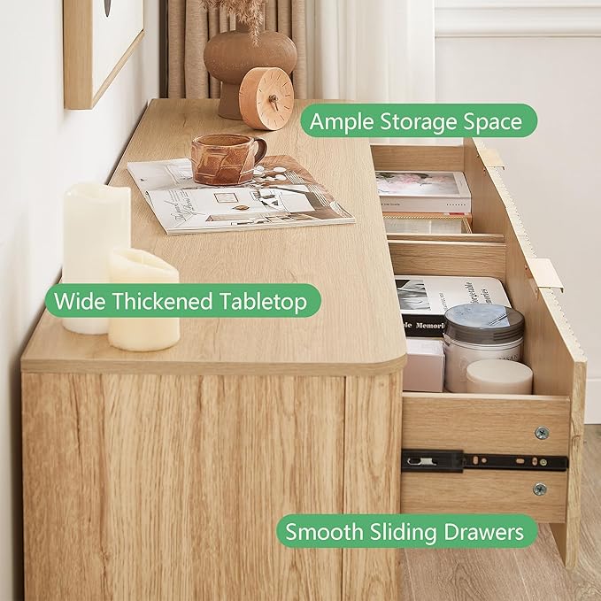 VMU Fluted Dresser for Bedroom with 6 Drawers，55" Modern Wooden Chest of Drawers with Metal Handles, TV Stand with Curved Profile, Closet Clothes Storage Organizer for Living Room, Hallway (Oak)