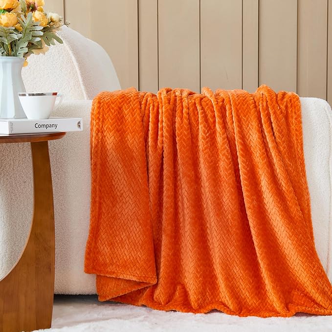 NEWCOSPLAY Super Soft Twin Blanket Orange Premium Silky Flannel Fleece Leaves Pattern Lightweight Bed Blanket All Season Use (Orange, Twin(60"x80"))