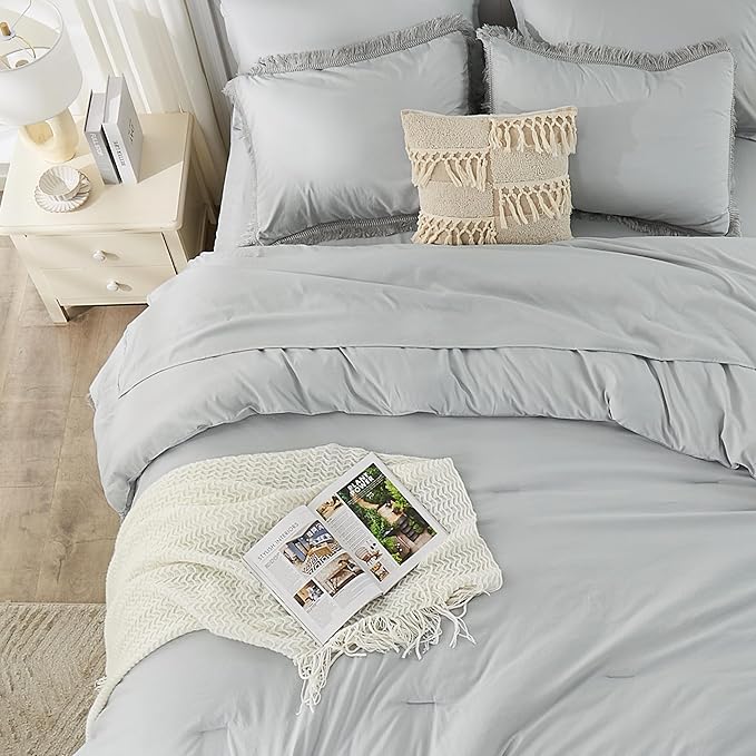Andency Light Grey Full Size Comforter Set with Sheets - 7 Pieces Boho Tassel Bed in a Bag Soft Lightweight Bedding Sets, Light Grey Fringe Bed Set with Comforter, Sheets, Pillowcases & Shams