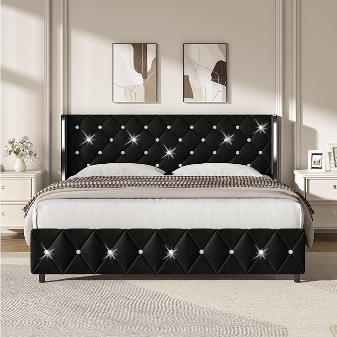 HOMBCK King Size Bed Frame Black, Velvet Upholstered Bed Frame King with Diamonds Tufted Headboard and Footboard, Wooden Slats Support, No Box Spring Needed, Easy Assembly, Black