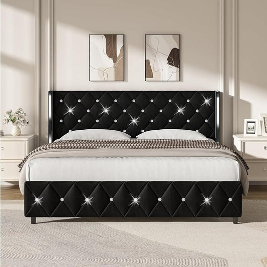 HOMBCK King Size Bed Frame Black, Velvet Upholstered Bed Frame King with Diamonds Tufted Headboard and Footboard, Wooden Slats Support, No Box Spring Needed, Easy Assembly, Black