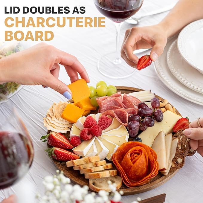 Large Glass Salad Bowl with Lid Set, 5.7 L Decorative Glass Mixing Bowl, Trifle and Serving Bowls with Lids as Cheese Charcuterie Board and Plate, Comes with Wood Serving Utensils