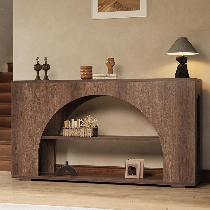 Sofa Console Table with Storage, 55" Farmhouse 3-Tier Hallway Wood Table for Living Room, Hallway, Foyer, Brown Oak