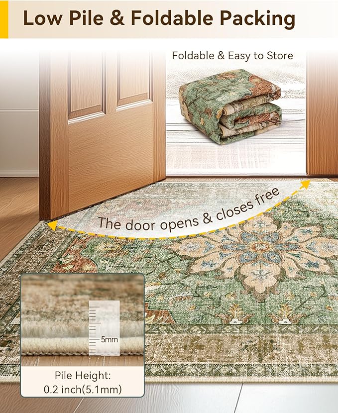 Area Rugs 2'x8' Washable Non-Slip, Floral Vintage Distress Print Pattern Medallion Carpet for Living Room Bedroom Dining Room, Brick Red Rust Neutral Brown Burnt Orange Green