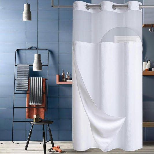 Conbo Mio Stall No Hook Waffle Weave Shower Curtain with Snap in Liner Set, Hotel Luxury White Shower Curtains for Bathroom with See Through Top Window, Waterproof, Washable 36W x 74H