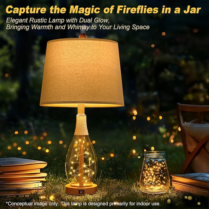 OYEARS 23" USB A+C Table Lamp Sets of 2 Modern Bedside Lamps Retro Farmhouse Rattan Glass Nightstand Nightlight Lamps for Bedroom Living Room Dorm,Two Light Points