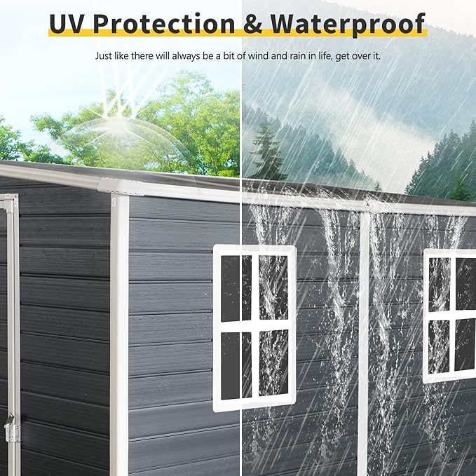 4x8 FT Outdoor Storage Resin Shed with Floor, Waterproof Plastic Garden Tool Shed with Windows, Vents & Lockable Door and Sloped Roof, Easy to Assemble Bike Shed for Patio, Backyard, Lawn, Black