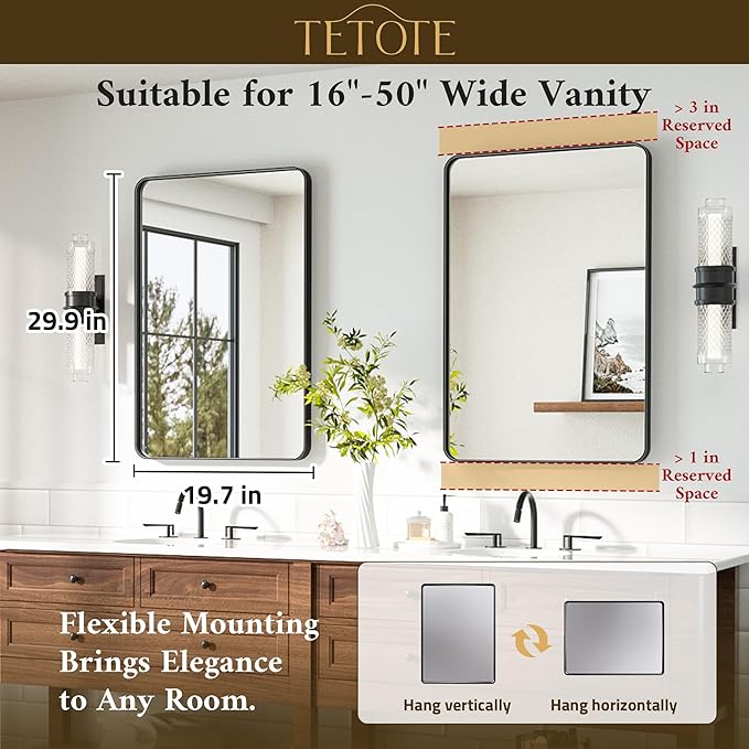 TETOTE Black Bathroom Mirror 20 x 30 Inch Matte Black Bathroom Mirrors, Tempered Glass, Modern Farmhouse Wall Mounted Mirror for Decorative(Horizontal/Vertical)