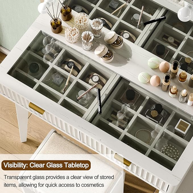 Fluted Makeup Vanity Desk with 36" 11 LED Lights Mirror, 48" Big Modern Vanity Desk with 5 Drawers and Storage Shelves & Power Outlet, Glass Top for Bedroom, White