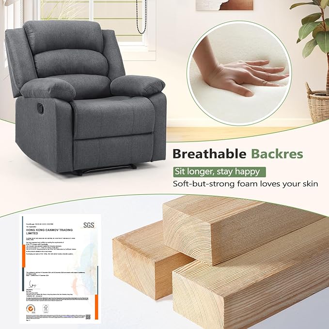 ANJ Fabric Recliner Chair Set of 2, with Overstuffed Arm and Back, Comfy Gray Manual Reclining Chairs for Adults, Living Room Single Sofa Recliners