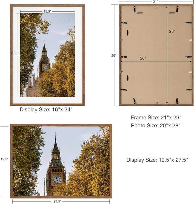 Axeman 20x28 Frame | Solid Oak Wood 20x28 Picture Frame With Mat for 16x24 | 28 x 20 Wood Poster Frame | Tempered Glass and Hanging Hardware Included Home Wall Decor Art Hanging Frame | Walnut