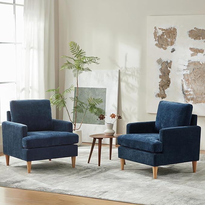 VKNOW Mid-Century Accent Chair, Modern Upholstered Chenille Armchair for Living Room,Comfy Reading Accent Chairs with Wood Legs for Bedroom, Navy Blue