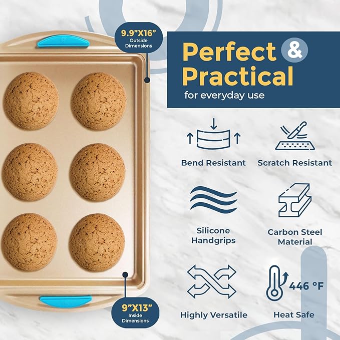 Perlli Cookie Sheet Baking Pan 2 Piece Set, 9x13" Gold Nonstick Trays with Blue Silicone Hand Grips Oven Bakeware Pans Set, Premium Quality Carbon Steel Baking Tray Sheets
