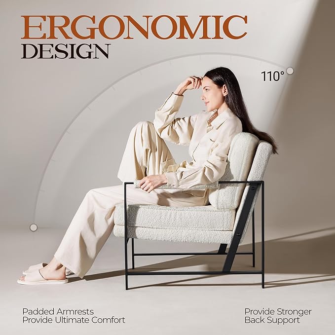 Yaheetech Teddy Boucle Fabric Armchair, Retro Leisure Accent Chair with Extra Soft Padded and Cushion, Modern Reading Arm Chair with Black Metal Frame for Living Room/Office/Bedroom/Study, Ivory, 2PC