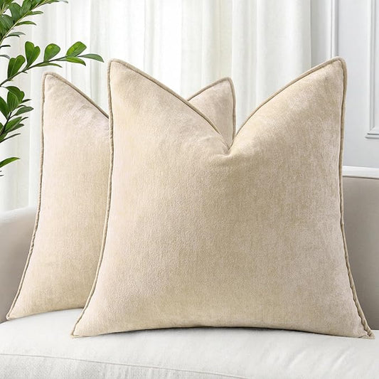 decorUhome Couch Throw Pillow Covers 26x26 Set of 2, Decorative Soft Euro Neutral Chenille Pillow Covers with Elegant Design for Sofa Bed Living Room Home Decor, Beige