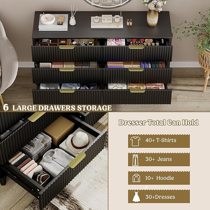Lulive Black Dresser for Bedroom Wood Dressers Chest of Drawers, Fluted 53.2" Wide Modern Long Dresser TV Stand 6 Drawers for Bedroom, Closet, Living Room, Hallway