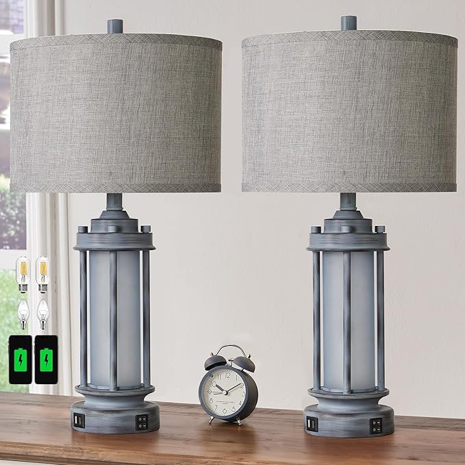 Set of 2 Rustic Table Lamps for Living Room, Farmhouse Vintage Nightstand Lamp with 2 USB Ports, Antique Retro Light Green Glass Night Light for Bedroom Entryway, 4 Bulbs Included