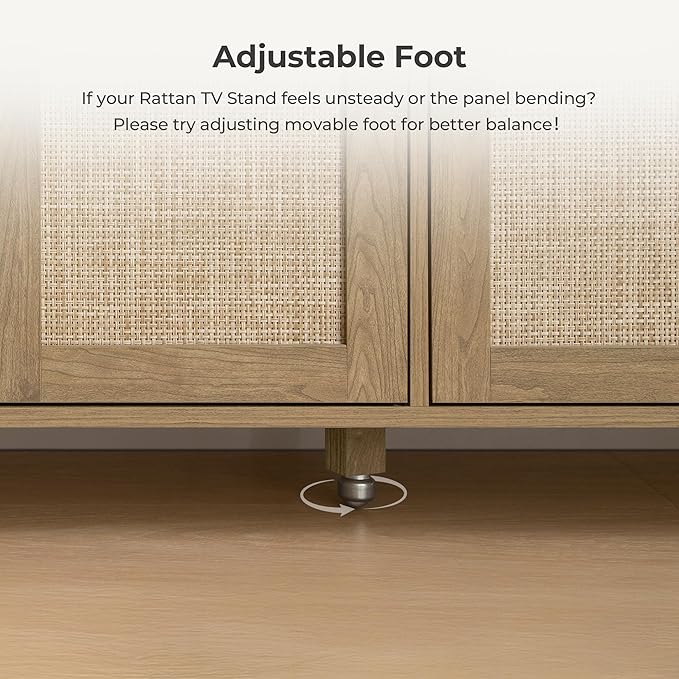 SICOTAS Rattan TV Stand for Television up to 65 Inch - 29.5" Tall Entertainment Center with Storage and Open Shelves,Boho Media TV Console Cabinet with 4-Doors and Adjustable Shelf for Living Room