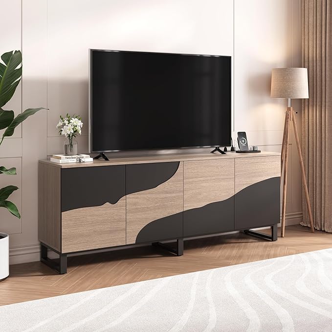 70" TV Stand with Power Outlet, Black Large TV Stands for 75 Inch TV, Entertainment Center TV Cabinet with Storage and Adjustable Shelf, Live Edge TV Console Table for Bedroom Living Room