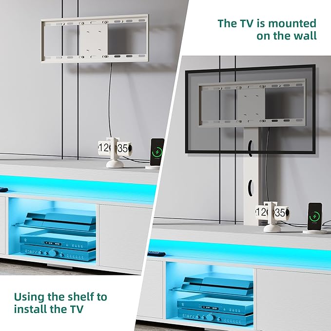 YITAHOME White TV Stand for Living Room, LED Entertainment Center with Storage, Height-Adjustable Mount TV Stand for 70/65 Inch TVs, Media Cabinet with LED Lighting and Charging Ports, White