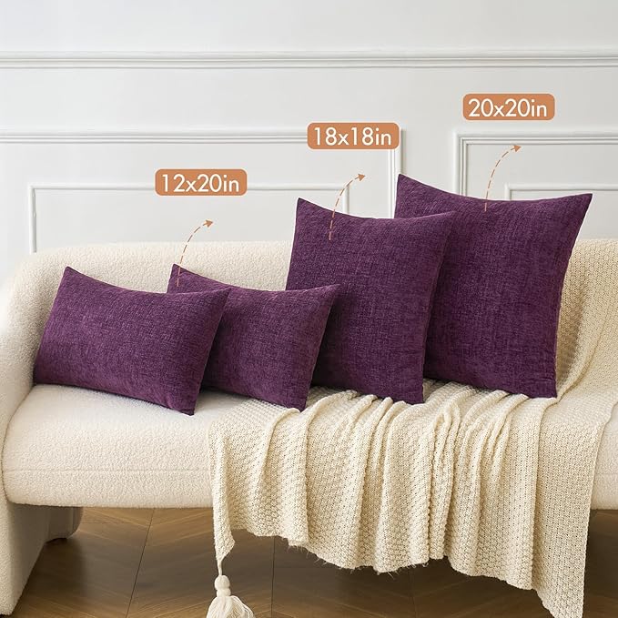MIULEE Pack of 2 Couch Throw Pillow Covers 20x20 Inch Soft Plum Purple Chenille Pillow Covers for Sofa Living Room Solid Dyed Pillow Cases
