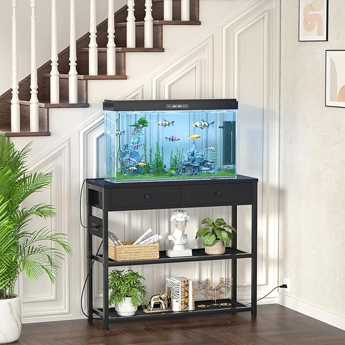 Ecoprsio Entryway Table with Outlets and USB Ports, Console Table with 2 Drawers, Small Sofa Table with Storage Shelves for Living Room, Couch, Hallway, Foyer, Kitchen Counter, 32'', Black