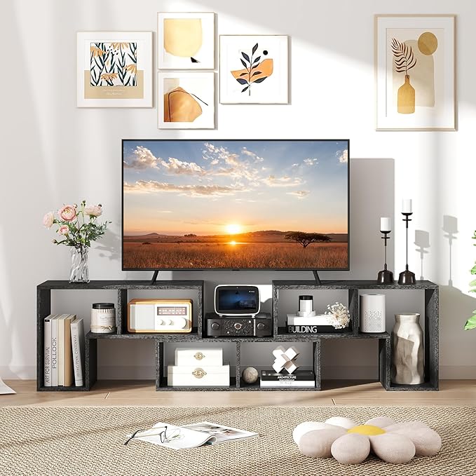 GOFLAME 3 Pieces TV Console Stand, Modern Entertainment Center for 50 55 60 65 Inch Flat Screen TV, Free Combination Bookcase for Storage & Display, Suitable for Living Room (Black Wood Grain)