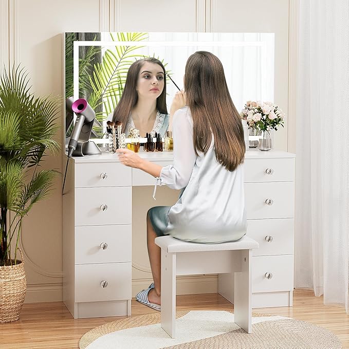 VOWNER Vanity With Lighted Mirror - Makeup Desk With Power Outlet and 9 Drawers, 3 Color Lighting Modes Adjustable Brightness, 43" Table With Soft Cushioned Stool for Bedroom, White