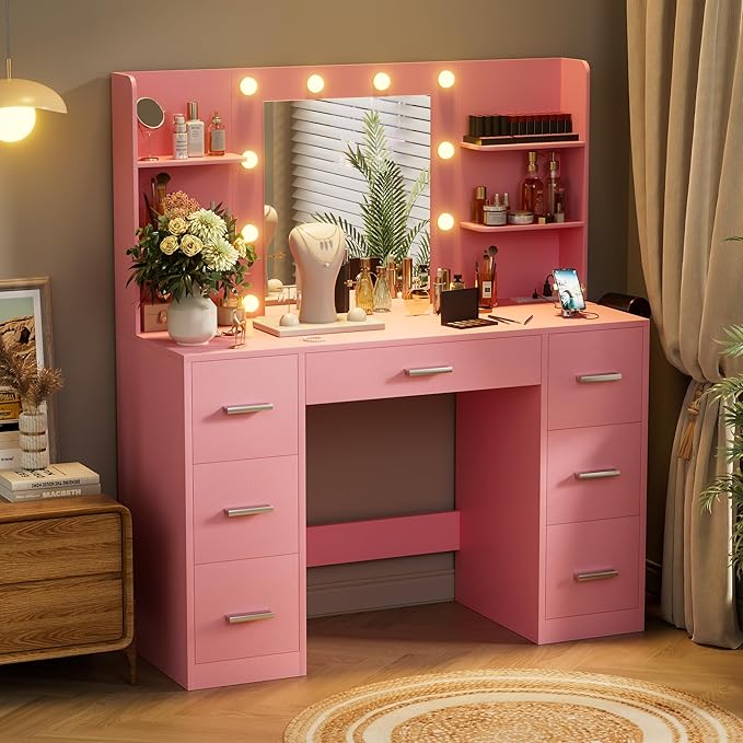 VICTONE Vanity Desk with LED Lighted Mirror&Power Outlet, 3 Model Lights Makeup Vanity Table with 7 Drawers and 6 Storage Shelves for Bedroom and Dressing Room (Light Pink)