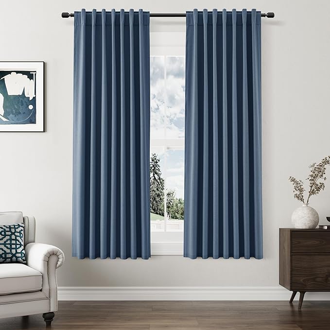 Guken Blackout Curtains 63 Inch Length 2 Panels Set for Living Room Bedroom Back Tab Thermal Insulated 100% Black Out Linen Drapes Room Darkening Window Curtains 63 Inches Long,Denim Blue
