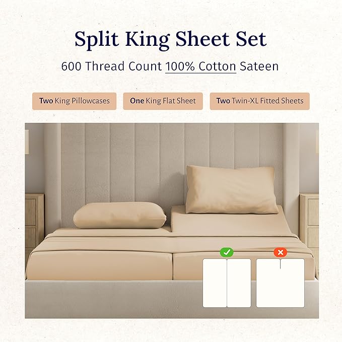 California Design Den 100% Cotton Split King Sheets, 600 Thread Count Sateen, Soft, Cooling Cotton Sheets, Hotel-Quality Bedding Sheets & Pillowcases (Golden Tan)