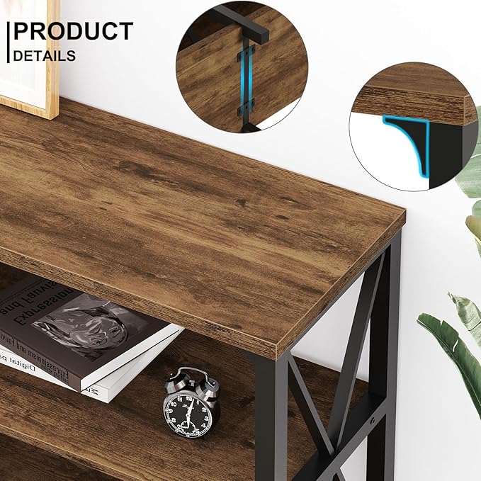 LVB Wood Console Table, Rustic 3 Tier Sofa Table Behind Couch, Industrial Metal Entryway Table with Storage Shelf, Farmhouse Wooden Foyer Hallway Table for Entry Living Room, Rustic Brown, 55 Inch