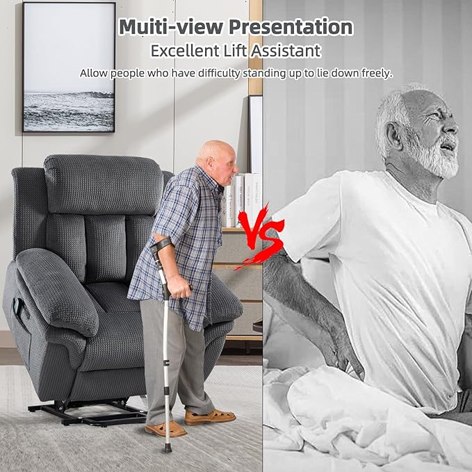 Phoenix Home Oversize Power Lift Recliner Chair with Heat & Massage for Elderly, Extra Large Electric Chair for Adult, Recliners for Living Room,2 Side Pockets, USB and Type-C Port, Dark Grey