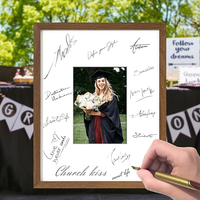 Axeman 11x14 Signature Picture Frame - Solid Oak Wood 11x14 Picture Frame With Mat to 5x7, Graduation Wedding Birthday Guest Book Party Signing, Hanging Hardware Included, Walnut