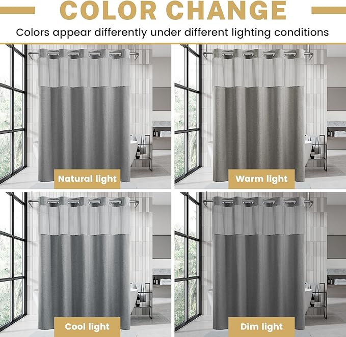 No Hook Shower Curtain with Snap in Liner, Polyester Textured Shower Curtain with Liner Set, Waterproof Washable Hotel Style Shower Curtains for Bathroom, 71Wx77H, Grey