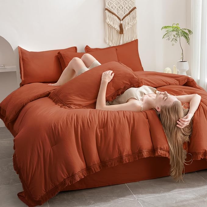 Andency Full Size Comforter Set Burnt Orange -7 Pieces Boho Tassel Bed in a Bag Soft Lightweight Bedding Sets, Terracotta Rust Fringe All Season Bed Set with Comforter, Sheets, Pillowcases & Shams