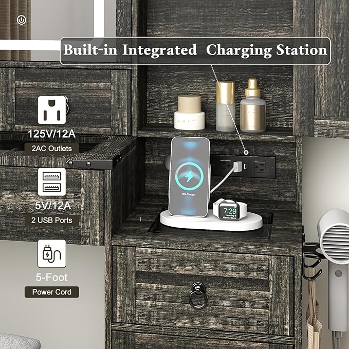 Farmhouse Makeup Vanity Desk with Sliding Mirror and Lights, 42" Glass Top Vanity Table with Charging Station & 4 Drawers & 2 Cabinets, Vanity Set for Bedroom, Dressing Table with Stool, Black